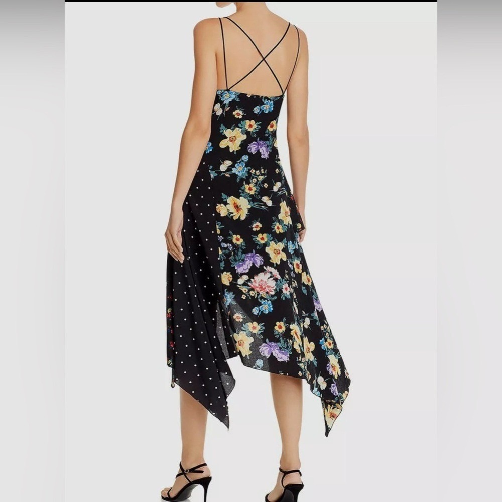 AQUA Midi Dress Womens Medium Black Floral Polka Dot Asymmetrical Boho Polyester